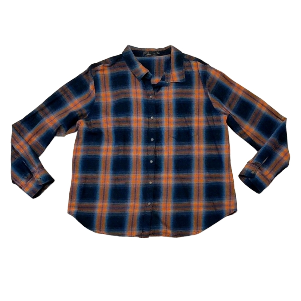 Prana Alfie Flannel Organic Cotton Plaid Nautical Blue Orange XL
